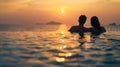 Generative AI couple watching the sunset in an infinity pool on a luxury vacation in Thailand man and woman watchi Royalty Free Stock Photo