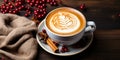 Cozy Autumn and Winter Concept with a Cup of Creamy Cappuccino Surrounded by a Warm Knitted Scarf, Star Anise, and Fresh