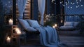 Generative AI, Cozy balcony in the evenind with lantern, garland and candles. Soft sofas and chairs for relax
