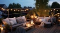 Generative AI, Cozy balcony in the evenind with lantern, garland and candles. Soft sofas and chairs for relax