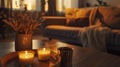 Generative AI Cozy interior with coffee aroma candles served in living room Autumn moody Scandinavian home decorat