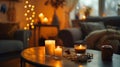 Generative AI Cozy interior with coffee aroma candles served in living room Autumn moody Scandinavian home decorat