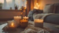 Generative AI Cozy interior with coffee aroma candles served in living room Autumn moody Scandinavian home decorat