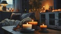 Generative AI Cozy interior with coffee aroma candles served in living room Autumn moody Scandinavian home decorat