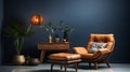 Generative AI Cozy modern living room interior with leather armchair and decoration room on empty dark blue wall b Royalty Free Stock Photo