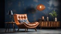 Generative AI Cozy modern living room interior with leather armchair and decoration room on empty dark blue wall b Royalty Free Stock Photo