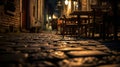 Generative AI Cozy restaurant on streets of the old town at night Paving stones of night Brugge business concept.