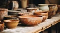 Generative AI, crafted pottery, still life of hand made pottery and ceramic bowls Royalty Free Stock Photo