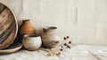 Generative AI, crafted pottery, still life of hand made pottery and ceramic bowls Royalty Free Stock Photo