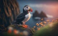 Puffin on rocky coast of Iceland, blurred blue water and pink small flowers background in morning, generative AI