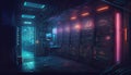 Cyberpunk server room, data flowing, full of rack servers and supercomputers with internet connection