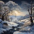 Ethereal Winter Whispers: painting of a winter landscape with trees, covered in snow, Royalty Free Stock Photo
