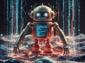 a robot with geometric patterns and digital code-like structures all over its body
