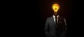 creative business idea, man with black suit and yellow bulb lamp head copy space generative ai