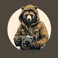 Generative AI. Creative image Profession wildlife photographer. Logo - bear in a hooded jacket with a vintage retro