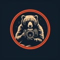 Generative AI. Creative image - Profession wildlife photographer. Logo - bear with a vintage retro camera on a dark blue