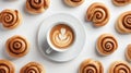 Generative AI Creative layout made of cinnamon buns and cup of coffee on the white background Flat lay Food concep Royalty Free Stock Photo