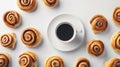 Generative AI Creative layout made of cinnamon buns and cup of coffee on the white background Flat lay Food concep Royalty Free Stock Photo