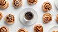 Generative AI Creative layout made of cinnamon buns and cup of coffee on the white background Flat lay Food concep Royalty Free Stock Photo
