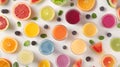 Generative AI Creative layout made of smoothies and fruits around Flat lay Food concept Smoothies on the white bac Royalty Free Stock Photo