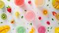 Generative AI Creative layout made of smoothies and fruits around Flat lay Food concept Smoothies on the white bac Royalty Free Stock Photo