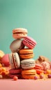 Generative AI Cretive shot made of colorful french macaroons and popcorn Rainbow of sweet cookies on rosy backgrou