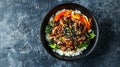 Generative AI crispy ground beef with stirfried veggies and a stickysweet orange sauce topped on rice in black bow