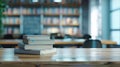 Generative AI Cropped shot of wooden table with books stationery and copy space in blurred study roomEmpty classro Royalty Free Stock Photo