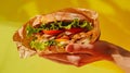 Generative AI Cropped unrecognizable person hand holding sandwich with grilled chicken fresh lettuce and tomatoes