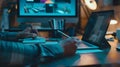 Generative AI Cropped view of designer planning ux interface of website and using graphics tablet and laptop on ta Royalty Free Stock Photo