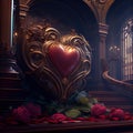 Generative AI: crystal heart in the middle of the castle as a central decoration