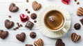 Generative AI Cup of aromatic coffee with heart shaped decoration and chocolate candies on white wooden table flat Royalty Free Stock Photo