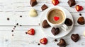 Generative AI Cup of aromatic coffee with heart shaped decoration and chocolate candies on white wooden table flat Royalty Free Stock Photo