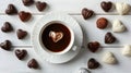 Generative AI Cup of aromatic coffee with heart shaped decoration and chocolate candies on white wooden table flat Royalty Free Stock Photo