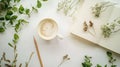 Generative AI Cup of coffee with milk sketchbook pencil green leaves and dried flowers Overhead view Isolated on w Royalty Free Stock Photo