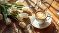 Generative AI Cup of coffee with milk and tulips flowers on wooden kitchen table Freshly brewed cappuccino espress