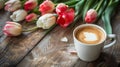 Generative AI Cup of coffee with milk and tulips flowers on wooden kitchen table Freshly brewed cappuccino espress