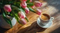 Generative AI Cup of coffee with milk and tulips flowers on wooden kitchen table Freshly brewed cappuccino espress