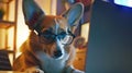 Generative AI Cute corgi dog looking into computer laptop working in glasses and shirt business concept. Royalty Free Stock Photo