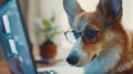 Generative AI Cute corgi dog looking into computer laptop working in glasses and shirt business concept. Royalty Free Stock Photo