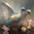 Generative AI: cute exotic fantasy dove very feathery in pastel colors on a light background