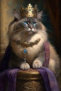 Generative AI. A cute female ragdoll cat with queen crown on its head. look from close up with blue eyes