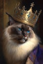Generative AI. A cute female ragdoll cat with queen crown on its head. look from close up with blue eyes