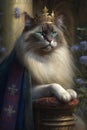 Generative AI. A cute female ragdoll cat with queen crown on its head. look from close up with blue eyes