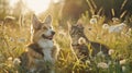 Generative AI cute fluffy friends a corgi dog and a tabby cat sit together in a sunny spring meadow business conce Royalty Free Stock Photo