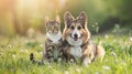 Generative AI cute fluffy friends a corgi dog and a tabby cat sit together in a sunny spring meadow business conce Royalty Free Stock Photo