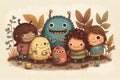 Generative AI of cute whimsical characters in childrens illustration of children interacting with scary but cute monsters