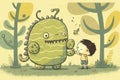 Generative AI of cute whimsical characters in childrens illustration of children interacting with scary but cute monsters