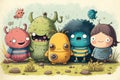 Generative AI of cute whimsical characters in childrens illustration of children interacting with scary but cute monsters