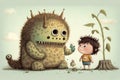 Generative AI of cute whimsical characters in childrens illustration of children interacting with scary but cute monsters